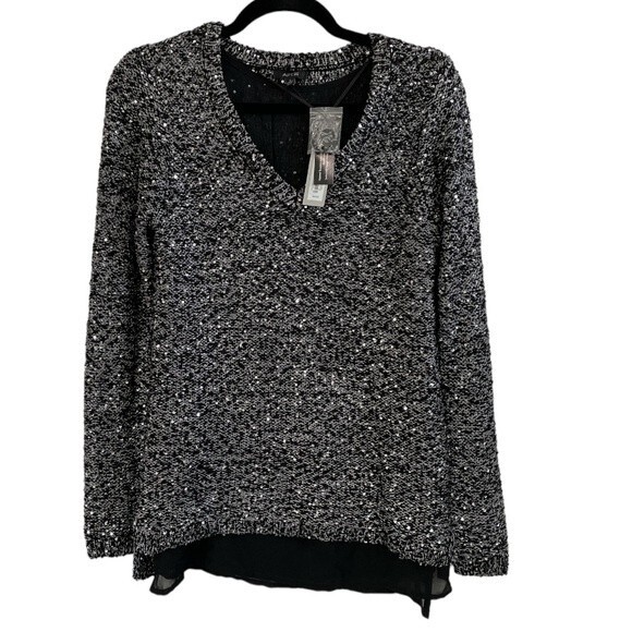 NWT Apt. 9 Sweater Black Grey Sequin Infused V-Neck Long Sleeve Top Size Small - Picture 1 of 7
